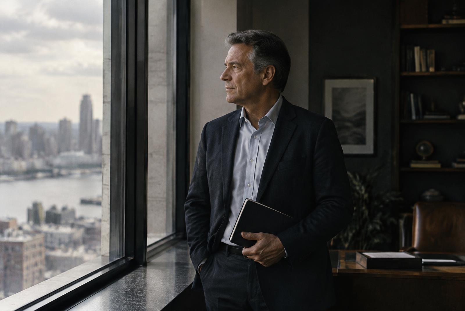 A leader standing by a window, thinking